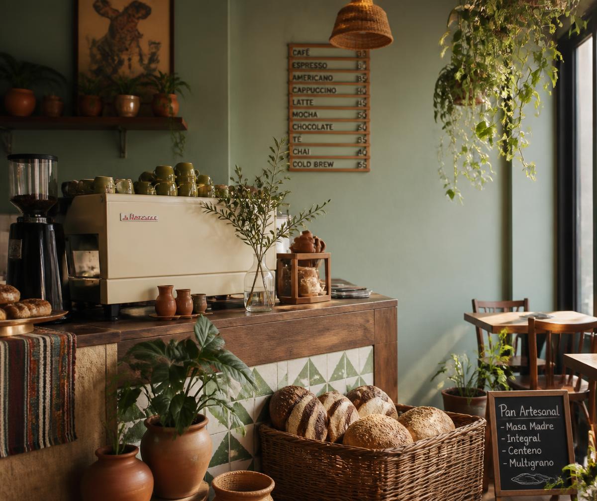 Interior de la cafetería Atolli con barra de madera, canastas de pan artesanal y plantas